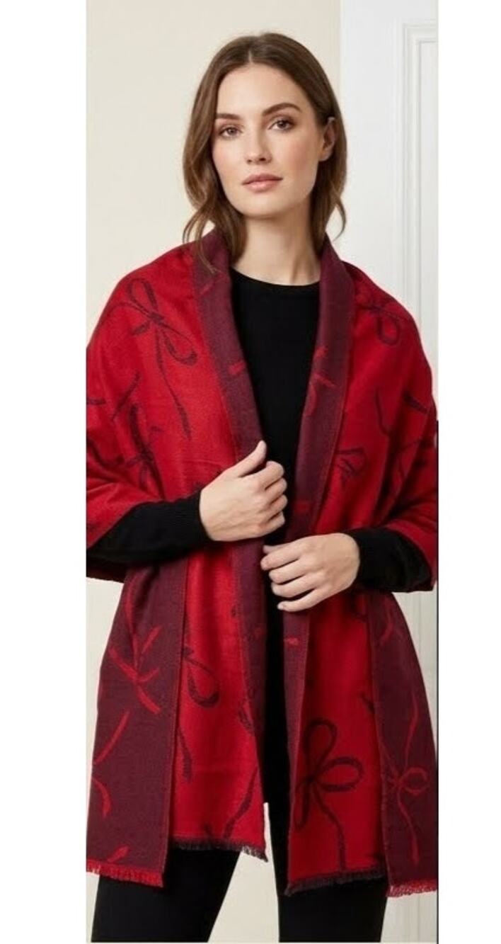 Ann Taylor Red Bow Blanket Scarf Reversable Burgundy Shawl Cozy Wrap OS